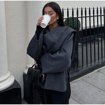 SHORT TRICOT JACKET WITH ASYMMETRIC SCARF